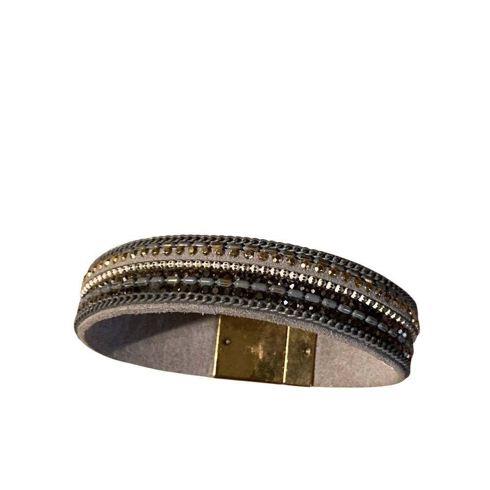 Faux Suede Multi Strand Rhinestone Magnetic Cuff Bracelet‎ Gold Tone Clasp